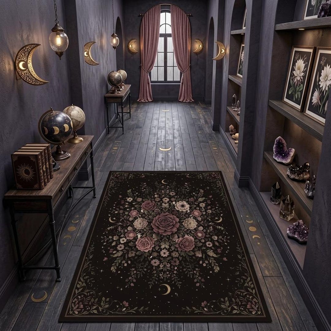 Celestial Floral Gothic Rug, Dark Academia Moon Carpet, Witchy ...