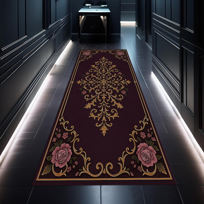 Elegant Floral Baroque Runner Rug, Vintage Purple Gold Scroll Carpet ...
