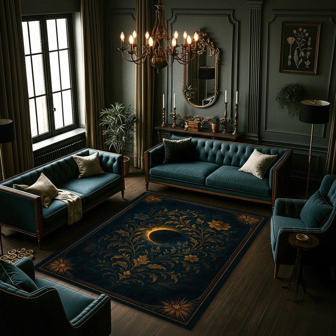 Medieval Rug Blue Lunar Bloom Rug – Dark Blue Baroque Carpet With Golden Crescent Moon ...
