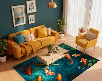 Colorful Koi Fish Rug, Japanese Water Garden Carpet, Zen Style Aquatic Area Rug with Swirling Pond Design