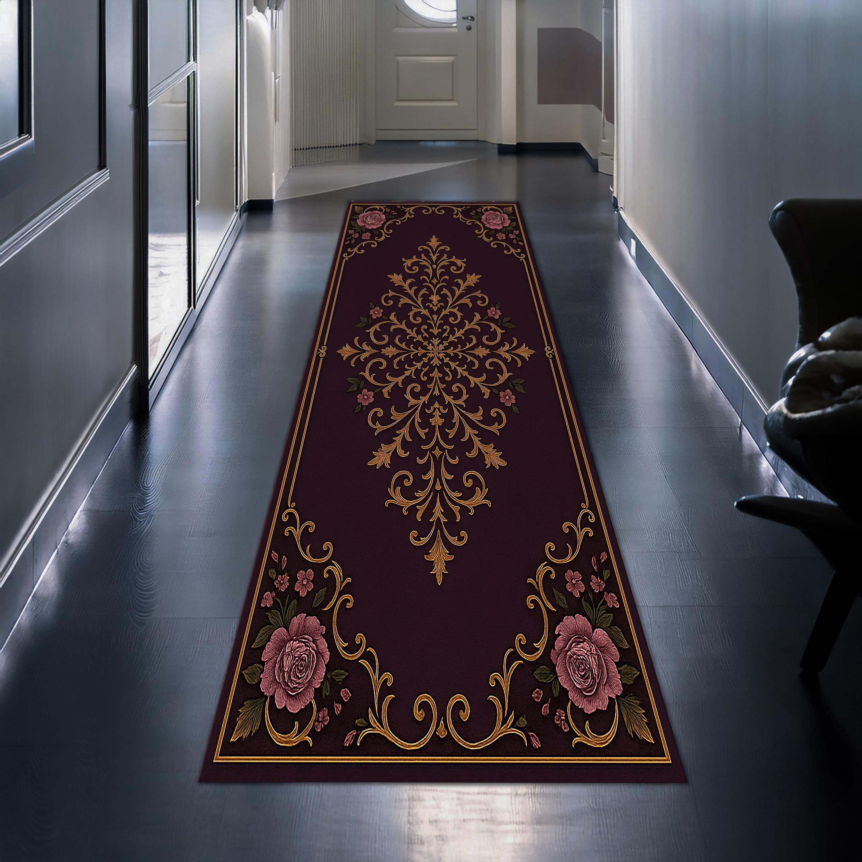 Elegant Floral Baroque Runner Rug, Vintage Purple Gold Scroll Carpet ...