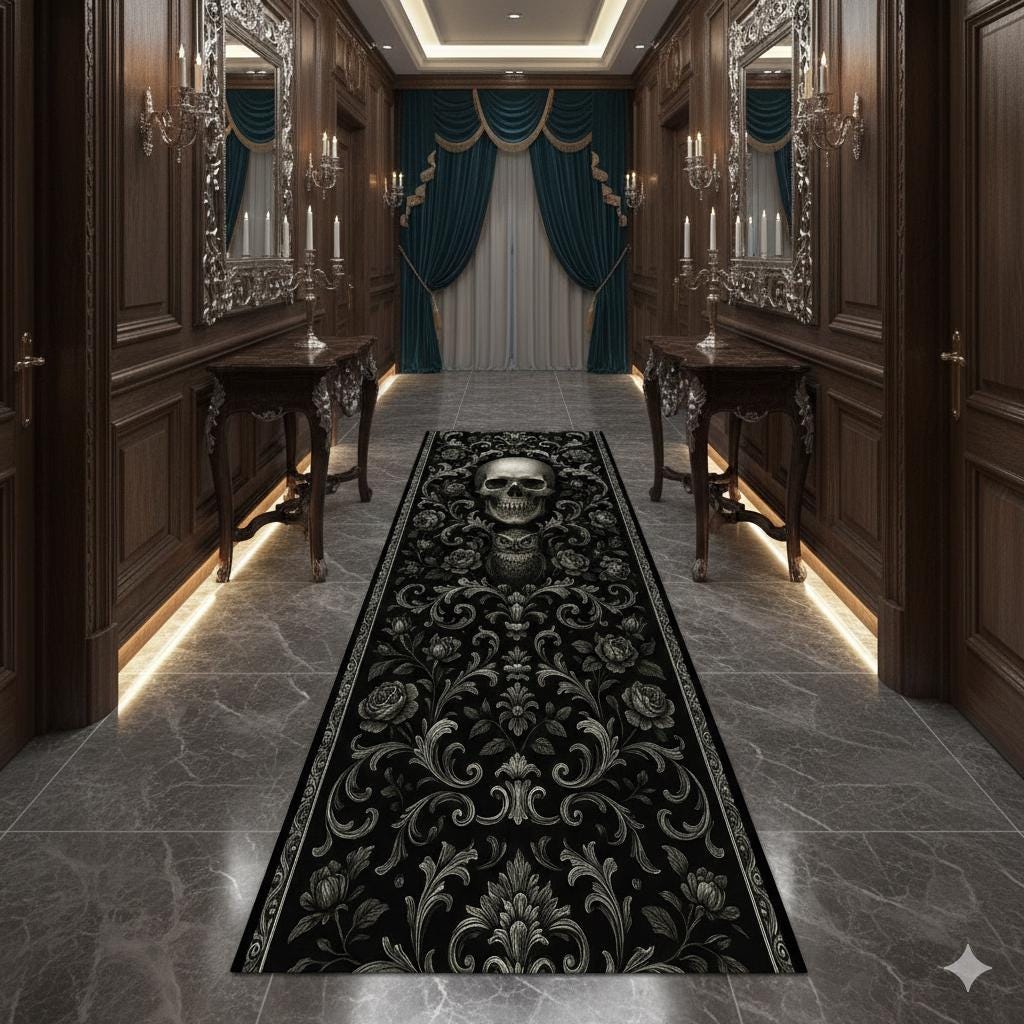 Gothic Skull & Owl Runner Rug, Dark Baroque Floral Carpet, Black Hallway Rug, Occult Gothic Home