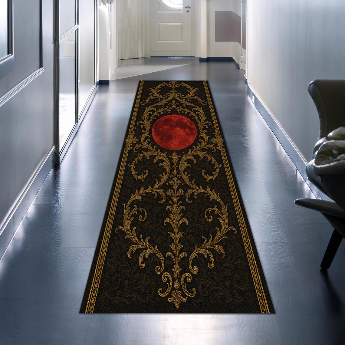 Blood Moon Gothic Runner Rug, Red Gold Baroque Carpet, Dark Occult ...