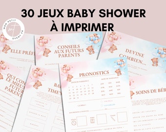 Jeux Baby Shower à imprimer  - 30 Activités Baby Shower en français à télécharger - Carte de jeux Fête Prénatale - Jeux Gender Reveal France