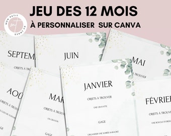 Jeu des 12 mois Thème Eucalyptus à personnaliser sur Canva - Activité idéale pour un mariage - Animations mariage - Jeux mariage Français