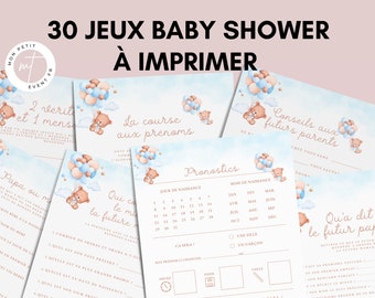 Jeux Baby Shower Ours à imprimer  - Activités Baby Shower en français à télécharger - 30 Cartes de jeux Fête Prénatale Thème Ours Bleu