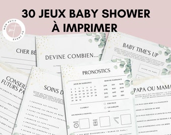 Jeux Baby Shower Thème Eucalyptus à imprimer  - Activités Baby Shower en français à télécharger - 30 Cartes de jeux Fête Prénatale