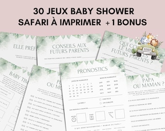 Jeux Baby Shower Thème Safari - 30 Activités Baby Shower en français à télécharger - Carte de jeux Fête Prénatale Animaux de la Jungle