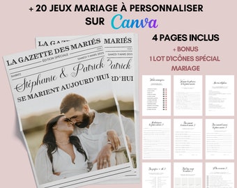 Gazette des Mariés et 20 Jeux de Mariage à personnaliser sur Canva à Imprimer pour un Journal de Mariage Unique - Jeux Invités Mariage A4-A3