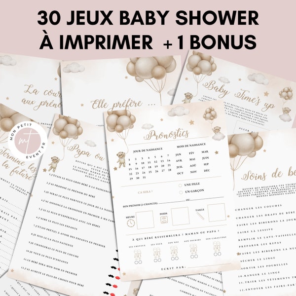 Jeux Baby Shower Thème Ours à imprimer  - 30 Activités Baby Shower en français à télécharger - Carte de jeux Fête Prénatale - Prédiction