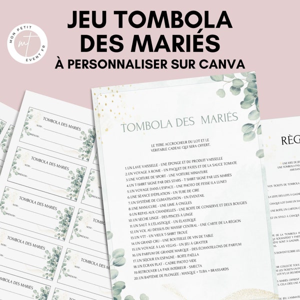 Jeu tombola des mariés Thème Eucalyptus - Activité idéale pour un mariage - Loterie mariage - Jeux mariage Français - EVJF