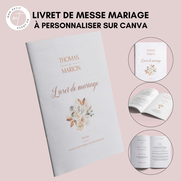 Livret de messe mariage personnalisable sur Canva -  Livret de mariage à faire soi-même - Modèle livret de messe mariage