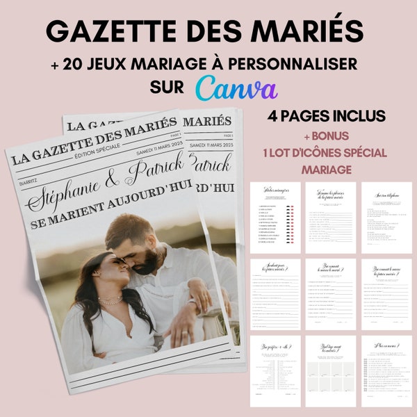 Gazette des Mariés et 20 Jeux de Mariage à personnaliser sur Canva à Imprimer pour un Journal de Mariage Unique - Jeux Invités Mariage A4-A3