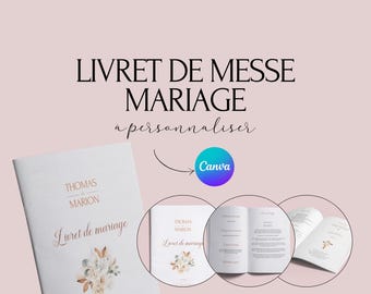 May include: A white wedding order of service booklet featuring the text "THOMAS ET MARION" and "Livret de mariage" with a floral illustration. The booklet is shown closed and open, displaying interior pages with text and a small floral graphic on a light background.