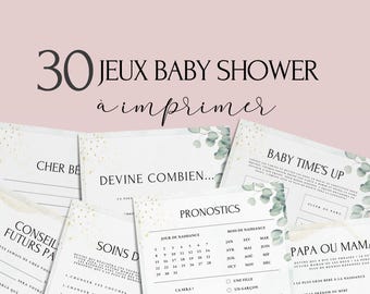 Jeux Baby Shower Thème Eucalyptus à imprimer  - Activités Baby Shower en français à télécharger - 30 Cartes de jeux Fête Prénatale