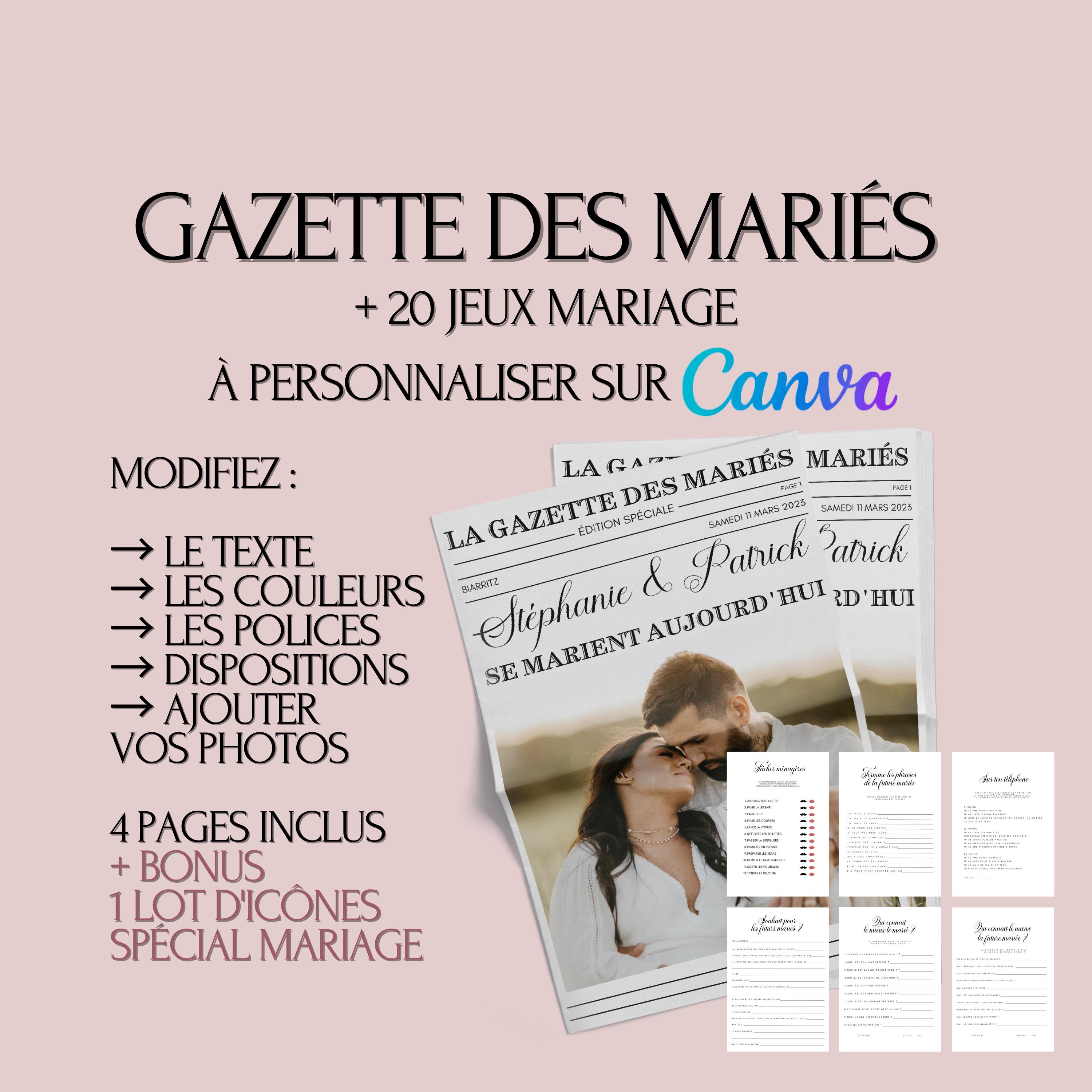 Modèle Gazette des mariés à faire soi-même - Faire part mariage - Journal mariage - Jeux Mariage Inclus