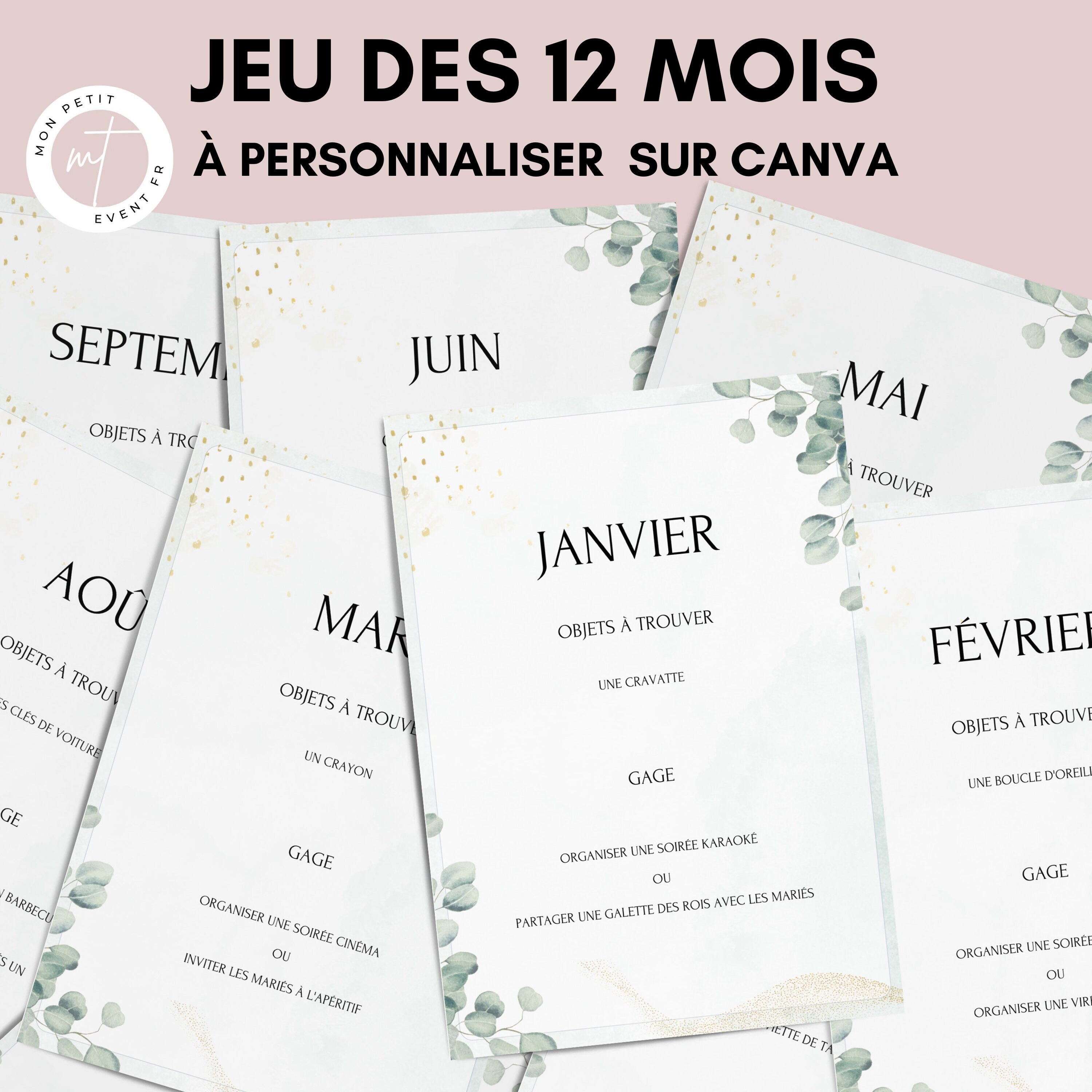 Jeu des 12 mois Thème Eucalyptus à personnaliser sur Canva Activité idéale pour un mariage