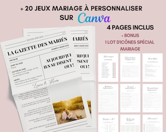 1 Gazette des Mariés et 20 Jeux de Mariage à personnaliser sur Canva à Imprimer pour un Journal de Mariage Unique - Jeux Mariage A3-A4