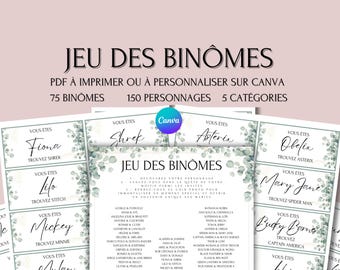 Printable pairs game - PDF pairs game card - Famous pairs game - Wedding pairs list game