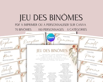 Printable pairs game - PDF pairs game card - Famous pairs game - Wedding pairs list game