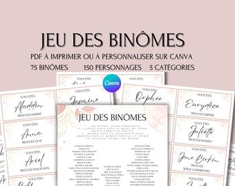Printable pairs game - PDF pairs game card - Famous pairs game - Wedding pairs list game