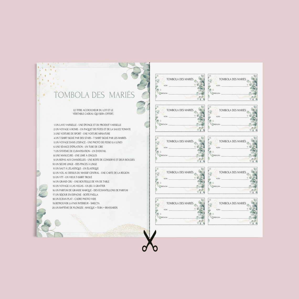 Wedding Raffle Paper Eucalyptus Theme Wedding Raffle Game - Ideal Activity for a Wedding ...