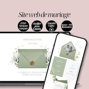 Peut inclure: Présentation d'un site web de mariage sur ordinateur portable et smartphone. Le design présente une enveloppe vert sauge avec un sceau de cire doré, des éléments floraux et les noms "SARAH & OLIVIER" avec la date "17.07.2026". Texte: "Site web de mariage".