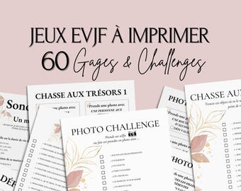 May include: A printable game set for a hen party with 60 challenges and scavenger hunts. The game cards feature a pink and gold floral design with the text "Jeux EVJF à Imprimer 60 Gages & Challenges".