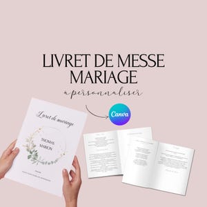 Puede incluir: Un folleto blanco con el texto "Livret de Messe Mariage a personnaliser" y "Livret de mariage" en la portada. El folleto está abierto para mostrar las páginas interiores con texto. Un diseño floral verde y dorado está en la portada. El texto "Thomas Marion" está dentro del diseño floral. Un círculo azul con la palabra "Canva" está en la esquina superior derecha de la imagen.