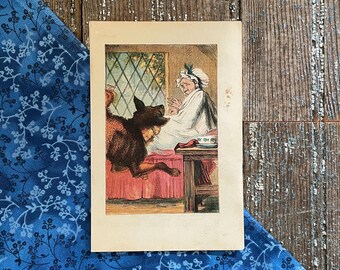 Antique Little Red Riding Hood Print: Wolf in Nightgown Nursery Tale