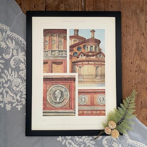 May include: A vintage print of architectural details of a building with a red brick facade and ornate stonework. The print is framed in black and features the text "Decorazioni di S. Eustorgio" at the top.