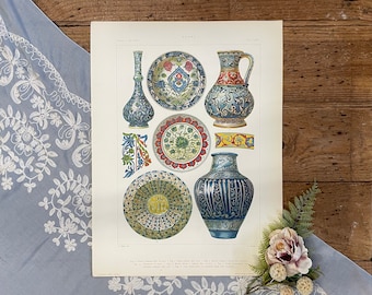 1925 Arabo Ornamental Architecture Drawing Print! Arabic Flasks, Plates & Pottery! Gli Stilo! Framable Gallery Wall!