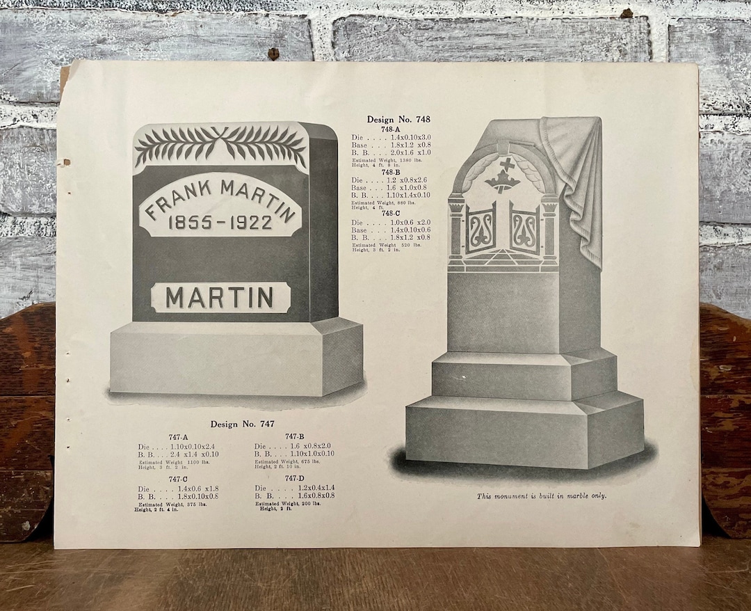 Headstone Advertising Catalog Sheet Framable Gravestone Ephemera