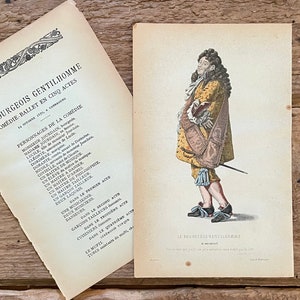 Moliere! Classic French Theatrical Comedy Character! Framable Hand Colored Engraved Print! Le Bourgeois Gentilhomme Comédie! Parisian Decor!