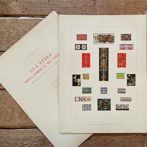 May include: A vintage book page with a black and white illustration of various decorative patterns and designs. The page is titled "GLI STILI NELLA FORMA E NEL COLO" and includes the text "RASSEGNA DELL'ARTE ANTICA E MODERNA" and "VOLUME I - RINASCIMENTO E QUATTROCENTO".