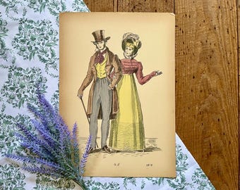 May include: A vintage illustration of a couple in 19th-century fashion. The man is wearing a brown top hat, a dark brown coat, and a white cravat. The woman is wearing a yellow dress with a red bodice and a white bonnet.