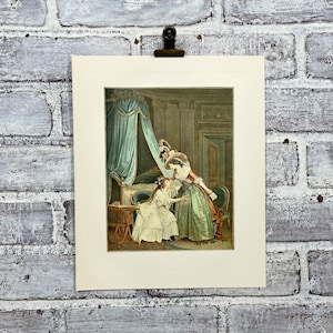 May include: An antique print of a woman in a green dress and a white hat, standing in a room with a four-poster bed, talking to a young girl in a white dress.