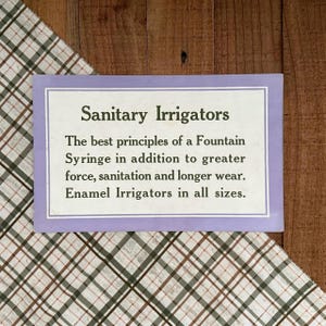 Sanitary Irrigators! General Store Store Advertising Display Sign! Vintage Retail Apothecary Signage! Medical Merchandising Wall Hanging!