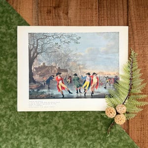1927 Winter Amusement Print!  Moated House! Framable Antique Winter Sports Hanging Wall Decor! Lithograph Ice Skating Illustration!