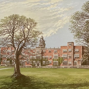 May include: A vintage illustration of a large brick building with a clock tower. The building has many windows and is surrounded by trees and a grassy lawn.