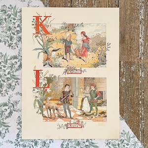 1887 French Alphabet Print! K & L Letter Illustration! Framable Antique Colorful Baby Nursery Decor! Monogram Initial Art! Paris, France!