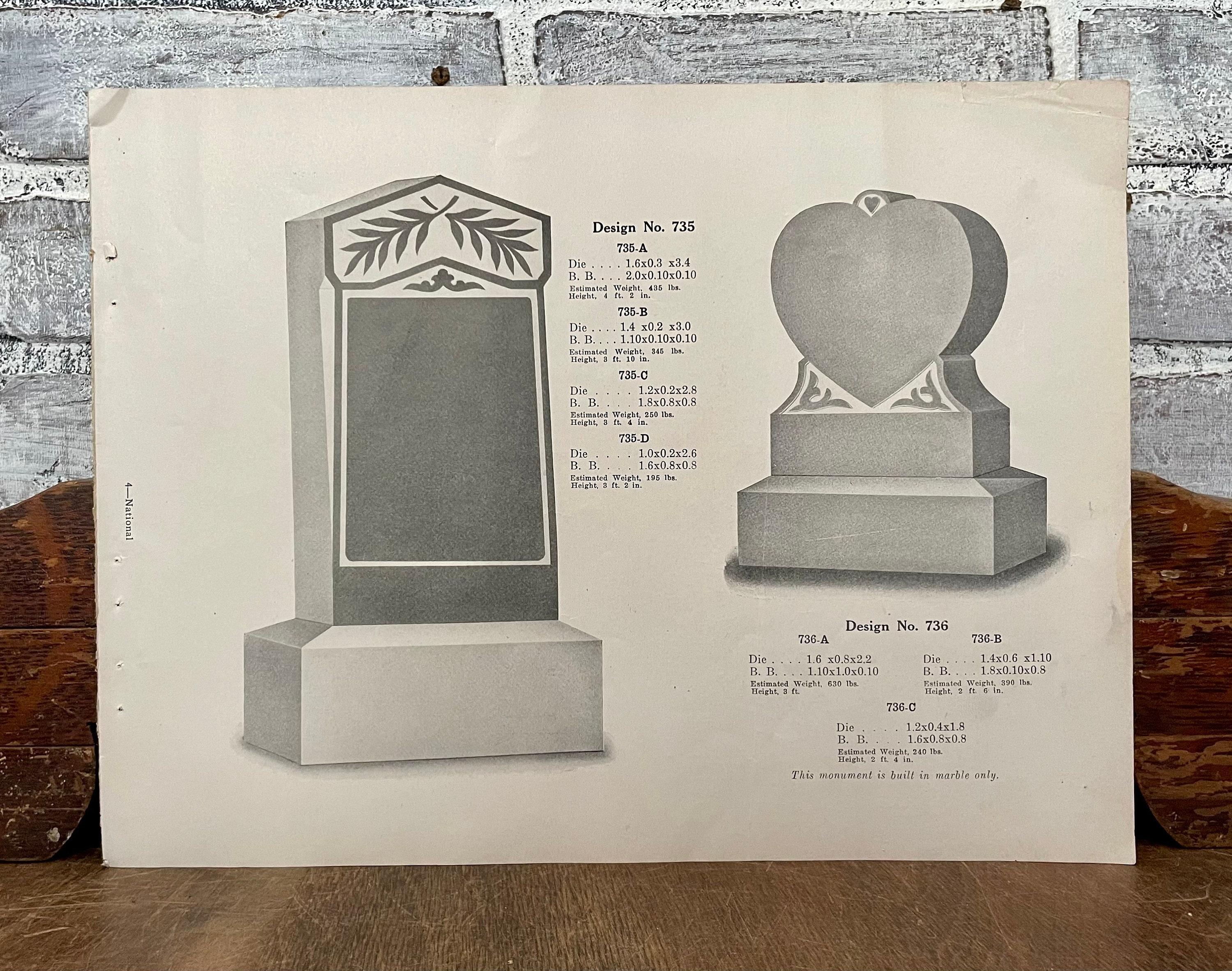 Headstone Advertising Catalog Sheet Framable Gravestone Ephemera