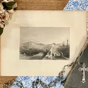 Gravure sur acier du mont des Oliviers de 1868 : impression biblique encadrée