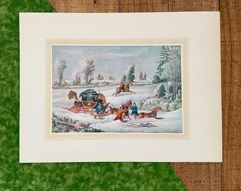 Antique English Mail Coach Print, Snowy Coaching Scene, Equestrian Sporting Decor