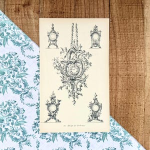 May include: An antique print featuring several ornate clock case designs. The central design is a large, elaborate clock with intricate floral and scrollwork details. The print is in black and white, with the text "69. Designs for Clock-cases" at the bottom.