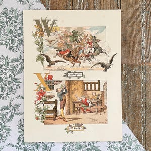 1887 French Alphabet Print! W & X Letter Illustration! Framable Antique Colorful Baby Nursery Decor! Monogram Initial Art! Paris, France!