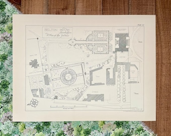 Antique Belton House Garden Plan Print | English Estate Landscape Design | Formal Garden Lithograph | Lincolnshire Decor