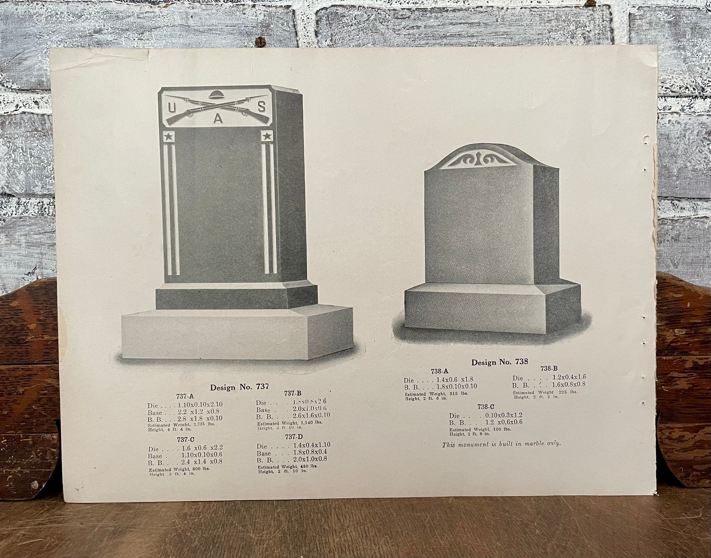 Headstone Advertising Catalog Sheet Framable Gravestone Ephemera