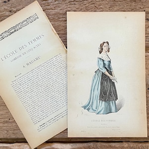 Moliere! Classic French Theatrical Comedy Character! Framable Hand Colored Engraved Print! L&#39;école Des Femmes, Comédie en Cinq Actes!
