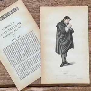 Moliere! Classic French Theatrical Comedy Character! Framable Hand Colored Engraved Print! L imposteur Ou Le Tartuffe Comédie!